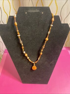Handmade Earth Tone Beaded Necklace Amber Pendant Boho Artisan NWT